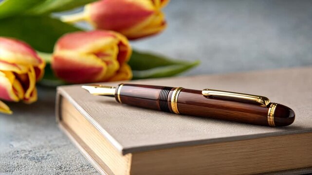 A fountain pen rests on top of an open notebook, with tulips in the background