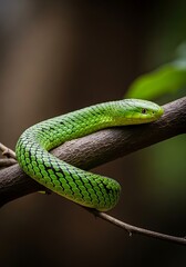Green Snake Coiled on Branch in Natural Habitat.