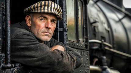 Train yard worker middle aged man wearing traditional striped engineer cap positioned at locomotive window with crossed arms and serious expression in atmospheric lighting