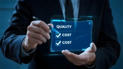 Businessman holding a digital tablet displaying 'Quality' and 'Cost' with checkmarks, emphasizing business priorities.