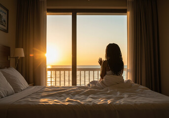 Woman enjoys sunrise from a hotel bed with ocean view