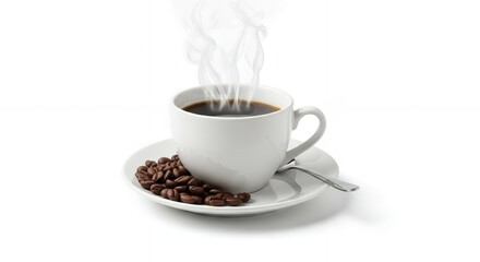 Steaming black coffee in white cup with roasted beans on saucer, served with spoon. Concept for morning refreshment, cafe menu and energy boost