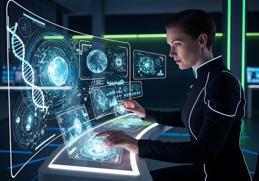 Futuristic Woman Interacting with Holographic Displays in Advanced Lab.