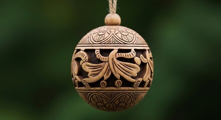 Intricately carved wooden Christmas ornament with folk art motifs hanging outdoors.