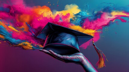 Hand holds a graduation cap against a burst of colorful, abstract paint. Vibrant art