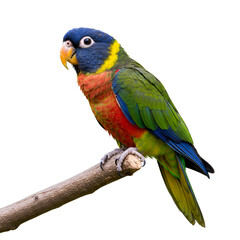 Obraz premium Vibrant rainbow lorikeet parrot bird perched on wooden branch naturally