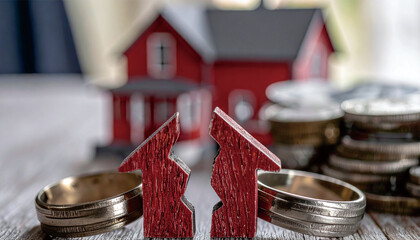 Divorce Property Division with Broken House Symbol, Wedding Rings, and Money Assets