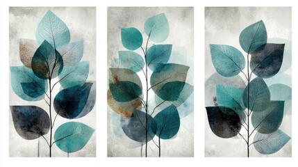 Three abstract leaf designs on a light gray background.