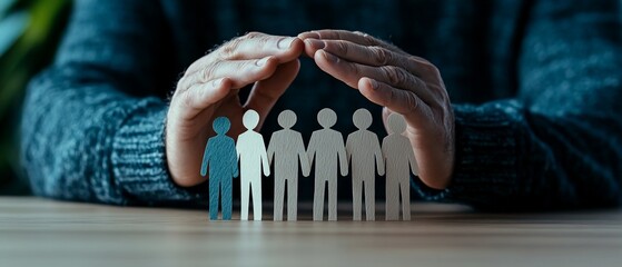 Hands protect cutout figures, symbolizing protection and unity with a blue figure standing out