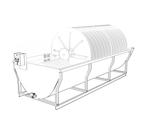 Digital Wireframe: Industrial Magnetic Drum Separator. Outline Illustration for Advanced Mineral and Ore Processing, Ferrous Metal Sorting, and Waste Management in Manufacturing Plants. Technical Art.
