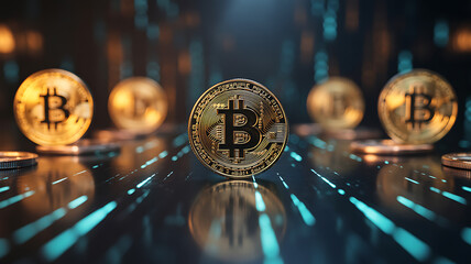 Golden Bitcoin Coins Arranged on Futuristic Digital Data Background cryptocurrency digital currency