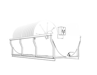 Sustainable Water Purification: Biological Rotary Contactor Wireframe Illustration. Clean Tech Engineering Schematic for Wastewater Treatment Plants and Pollution Control. Monochrome Line Art System D