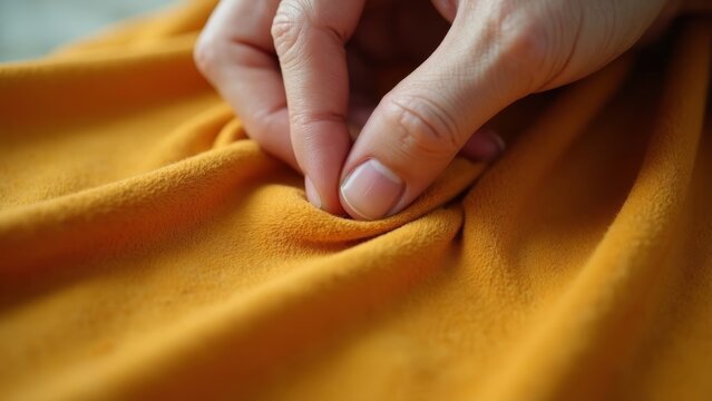 Yellow cloth hand sewing scene
