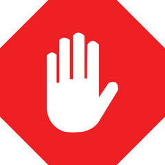 Clear stop hand icon symbol against red octagonal shape for warning and prohibition vector
