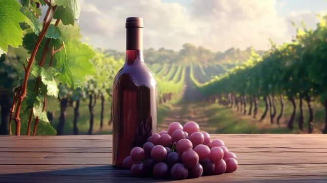 Red wine bottle and fresh grape cluster on wooden table with vineyard background under soft sunlight, evoking peaceful natural atmosphere in countryside surrounded by nature and sunlight