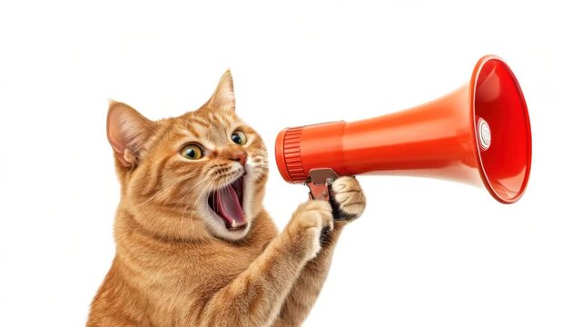 Orange fur cat holding red megaphone shouting loudly, isolated on white background, animal expressing communication and attention with energetic, playful, and surprised expression