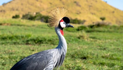 Fototapeta premium A grey crowned crane in profile view, set against a backdrop of a grassy plain and a gentle hill.