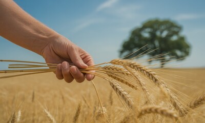 Hand holding wheat stalks in a golden field