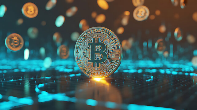Gold Bitcoin Coin Floating Amidst Blurred Digital Currency and Blue Light Grids cryptocurrency