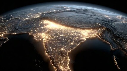 A night view of South Asia illuminated by city lights, Earth's curvature visible