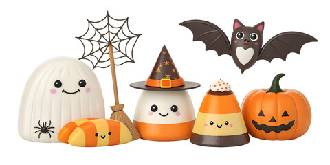 Six Adorable Halloween Cartoon Characters Arranged Together White Ghost Candy Corn Bat Pumpkin Witch Hat Spider Web Broom Cute Kawaii Style