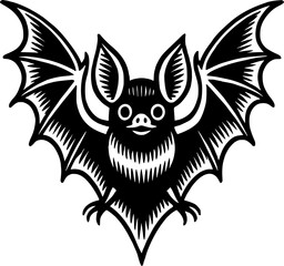 Fototapeta premium A charming black vector illustration of a bat in a woodcut or linocut style. The unique lines and textures give this design a rustic, handcrafted feel, perfect for Halloween, nature, and rus