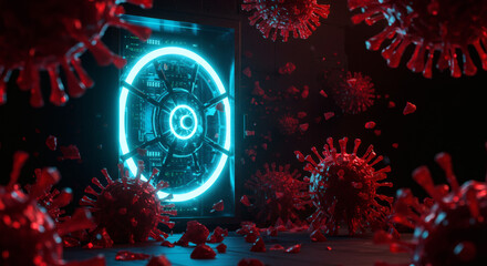 Digital virus concept with abstract particles and futuristic portal in dark environment