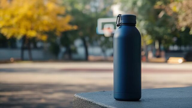 Reusable water bottle metal bottle outdoor basketball court autumn fitness hydration sport equipment healthy lifestyle matte black water bottle concrete ledge blurred trees background calm activity