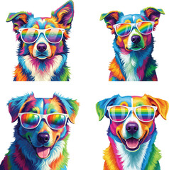 Colorful Dog Portraits with Sunglasses and Rainbow Reflection