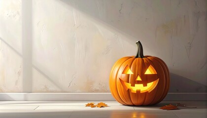 Obraz premium Jack-o-lantern carved pumpkin on light wall background with copy space, autumn and halloween home decor