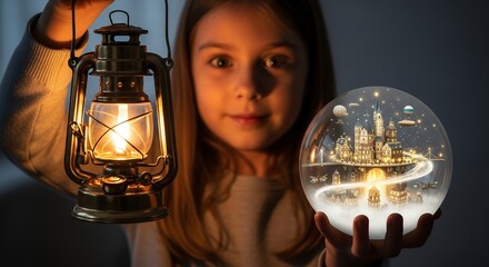 Young girl holding glowing lantern and magical snow globe with fantasy cityscape. Concept for Christmas wonder, childhood dreams and creative storytelling