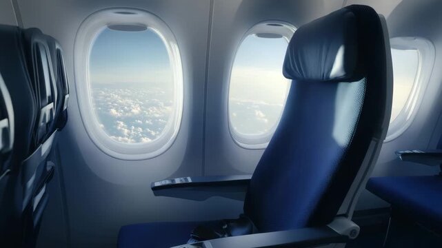 Airplane window seat with blue leather upholstery and armrest showing sky and cloud views, calm peaceful travel atmosphere inside aircraft cabin, perfect for flight journey tourism and vacation