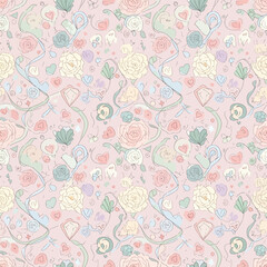 Seamless Pattern, Delicate floral pattern with pastel roses, hearts, ribbons, and gem illustrations on pink Stock royalty free  image.
