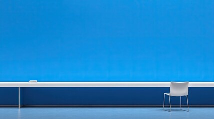 Empty white chair against a vivid blue wall.
