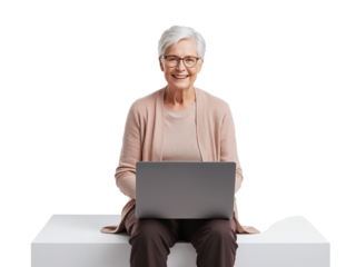 Isolated mature woman smiles warmly while using laptop against transparent backdrop engaging with