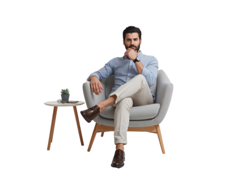 Confident bearded entrepreneur contemplates future plans while seated in a chair on transparent