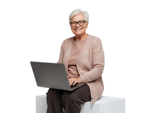 Smiling mature woman using laptop with isolated background, technology empowers graceful aging and