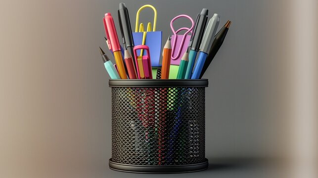 A mesh pen holder filled with pens pencils and other stationery items on a neutral background - Powered by Adobe