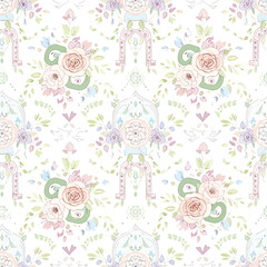 Seamless Pattern, Delicate floral pattern with roses, leaves, and decorative arches in pastel colors Stock royalty free.