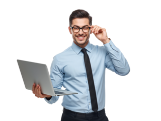 Enthusiastic businessman with modern laptop isolated against transparent backdrop portraying