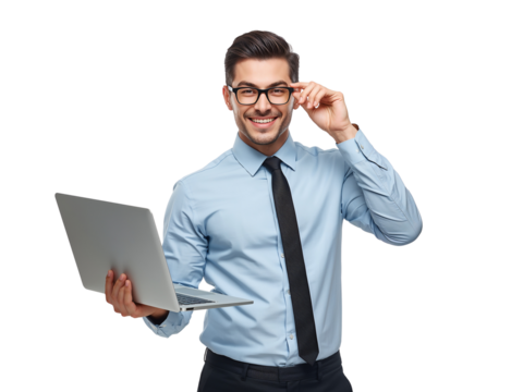Enthusiastic businessman with modern laptop isolated against transparent backdrop portraying