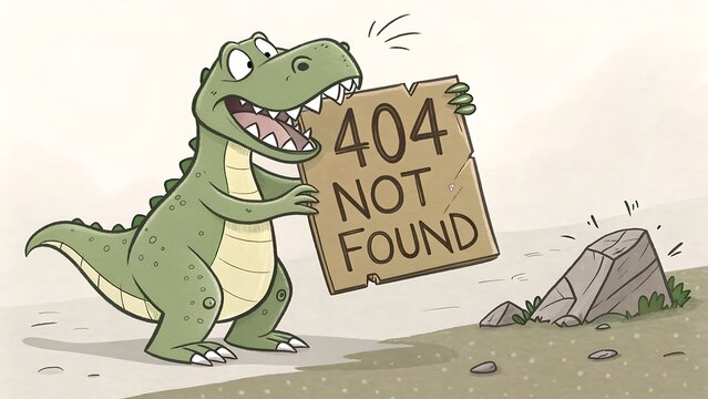 Funny dinosaur chewing a broken 404 sign