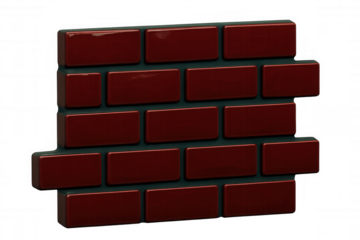 Glossy red brick wall fragment, dark mortar, transparent background, showcasing architectural texture and construction material detail