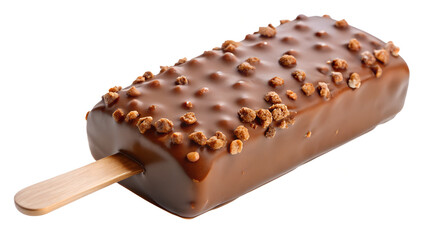 A chocolate covered ice cream bar with nuts on a stick isolated on a white background surface view