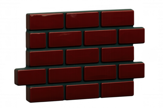 Glossy red brick wall fragment, dark mortar, transparent background, showcasing architectural texture and construction material detail