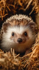 Fototapeta premium Hedgehog resting comfortably in a cozy nest made of straw in a natural setting