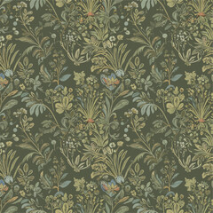 Seamless Pattern, Detailed botanical pattern with wildflowers, leaves, and foliage on a dark green background Stock royalty free  image.
