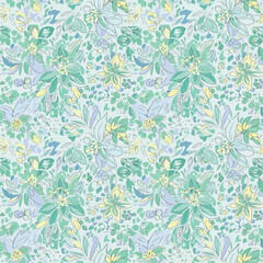 Seamless Pattern, Detailed floral pattern with watercolor style in soft green and yellow hues Stock royalty free  image.