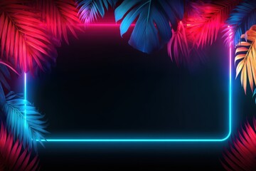 Neon tropical leaves frame a dark rectangular space, creating a vibrant and modern background perfect for text or event promotions