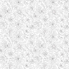 Obraz premium Seamless Pattern, Detailed floral pattern with intricate line art featuring various flowers and foliage design Stock royalty free.
